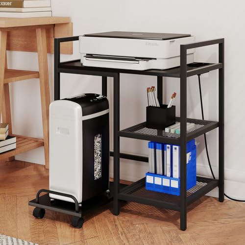 Giantex 3-Tier Printer Stand with Charging Station, 2 Open Storage Shelves, Side PC Stand on Wheels, 25" x 16" Mobile Printer Table for Computer Tower, Printer Shredder, Fax, Under Desk, Home Office - color: Black