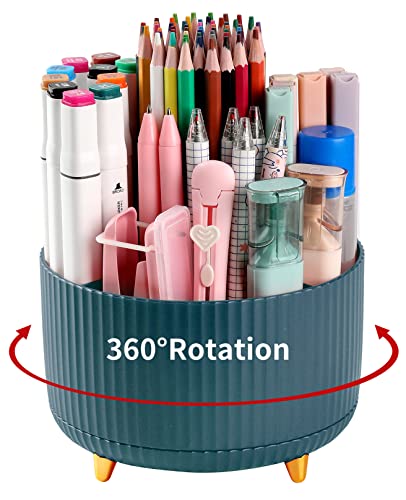 Desk Pencil Pen Holder, 5 Slots 360°Degree Rotating Pen Organizers for Desk, Desktop Storage Stationery Supplies Organizer, Cute Pencil Cup Pot for Office, School, Home, Art Supply, Dark Green - color: Dark Green