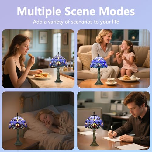 8 Inch Small Tiffany Style Table Lamp with Remote Control, Blue Baroque - color: Blue Baroque
