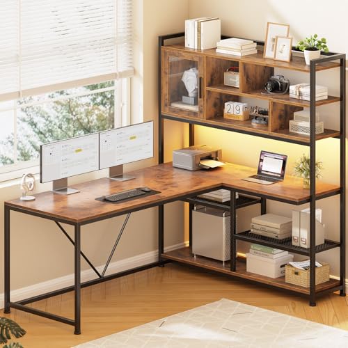SEDETA L Shaped Computer Desk, 58'' Office Desk with LED Light and Bookshelf, L Shaped Corner Desk with Storage Shelves for Home Office, Gaming Desk, L Desk, Rustic Brown - color: Rustic Brown