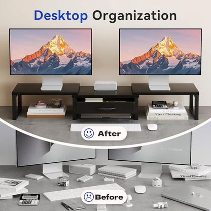 Dual Monitor Stand Riser, Desk Organizers and Accessories with Drawer, Computer Monitor Stands for Desk, Adjustable Desktop Shelf for PC Laptop Printer TV, Black