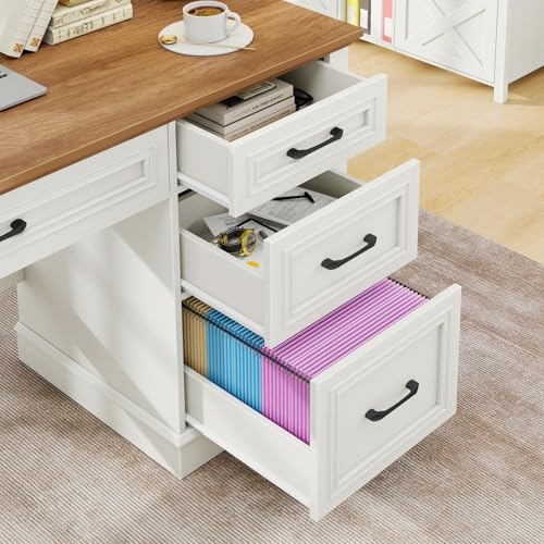 Vabches Farmhouse 47" Executive Desk with Charging Station, Unique White | Computer Desk with Drawers, Workstation Computer Desk with File Drawer for Home Office,Study. - color: Unique White