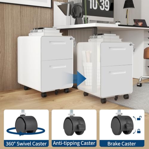 Garvee Mobile File Cabinet with Lock, 2 Drawer File Cabinet with Lock | 2 Drawer Under Desk Metal Rolling Filing Cabinets for Home Office Legal/Letter File Folders, Fully Assembled - color: White Color
