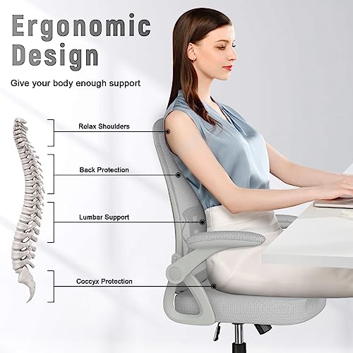 naspaluro Home Office Desk Chair Mid Back with Adjustable Height Grey | Comfy Ergonomic Chair with Flip-Up Arm and Lumbar Support, Breathable Mesh Swivel Computer Chair for Study Working Teacher - color: Grey