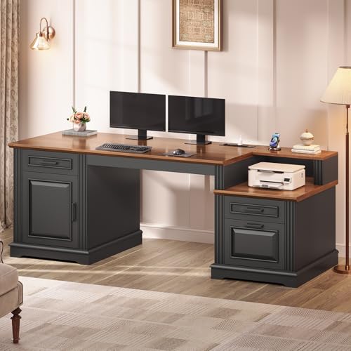 SEDETA Farmhouse Executive Desk, 62'' Home Office Desk with File Drawers, 3Drawer and Storage Cabinet, Computer Desk with Power Outlet for Home Office, Work Study Writing, Black + Walnut - color: Black + Walnut