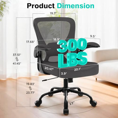 Office Chair - Ergonomic Breathable Mesh Desk Chair with Adjustable Lumbar Support and Flip-up Armrests - Executive High Back Rolling Swivel Comfortable Computer Gaming Chair for Home Office - color: Dark Gray