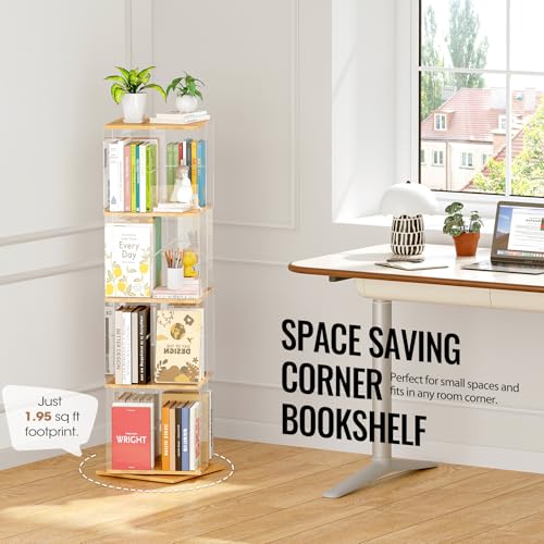 TAKEKIT Rotating Bookshelf, 360 Degree Revolving Bookcase, 4-Tier Spinning Bookshelf, Clear Acrylic & Solid Wood Rotating Bookcase for Kid’s Playroom, Bedroom and Living Room, Square - color: Natural Square, size: 4-Tier