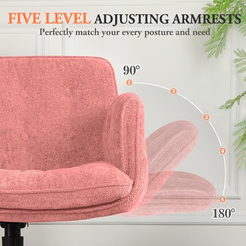 Criss Cross Chair with Lumbar Airbag & Folding Arms Relieve Back Pain, Wide Cross Legged Office Chair for Home Office, Comfy Swivel Desk Chair with Wheels, 5 Level Adjustable Armrest, Chenille(Pink) - color: Pink, style: With Airbag Lumbar Support