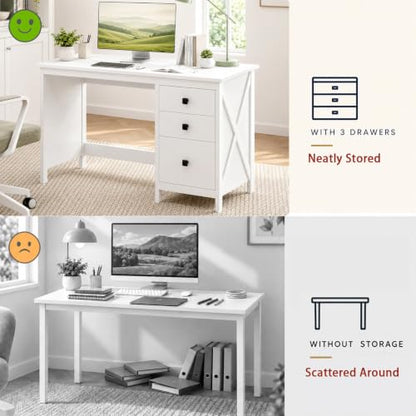JSB 47.2 Inch White Computer Desk with 3 Drawers for Home Office Bedroom - color: White, size: 47.2in