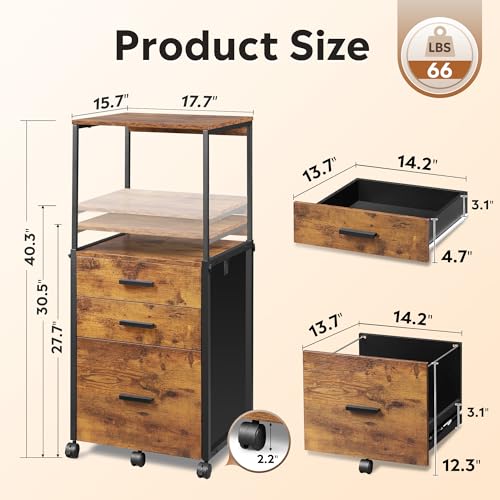 DEVAISE 3 Drawer File Cabinet with Adjustable Shelves, Rustic Brown | Rolling Wooden Filing Cabinet Mobile Printer Stand for Home Office, 15.7" D x 17.7" W x 40.3" H - color: Rustic Brown, size: 3 Drawer