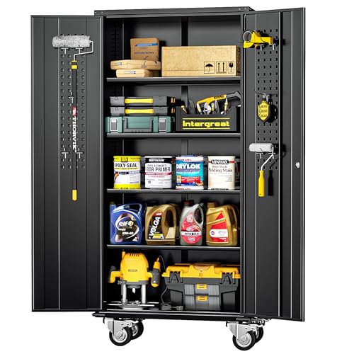 INTERGREAT Rolling Metal Cabinet with Wheels, 72" Locking Storage Cabinet with Adjustable Shelves, Large Capacity Pulley Cabinets for Home Office, School, Warehouse(Black) - color: Black, size: RMC-Pegboard
