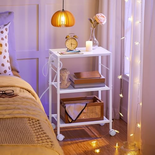 HOOBRO Industrial Printer Stand, 3-Tier Mobile Printer Table, Rolling Cart with Power Outlets and USB Ports, Home Printer Stand with 2 Hooks, for Office, Living Room, White WW22UPS01 - color: White