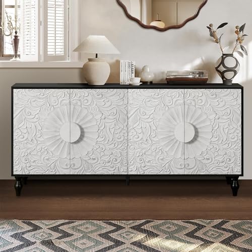 Sideboard Buffet Credenza for Living Room Cabinet with Storage | 63"W Entryway Table with Adjustable Shelves, Carved Doors, Modern Vintage Mid Centry Sideboard Console Wire Hole Black&Wihte - color: Black+white