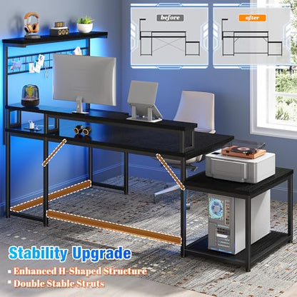 EnHomee 63" L Shaped Gaming Desk with LED Lights & Power Outlets,Black - color: Black, size: 63"W