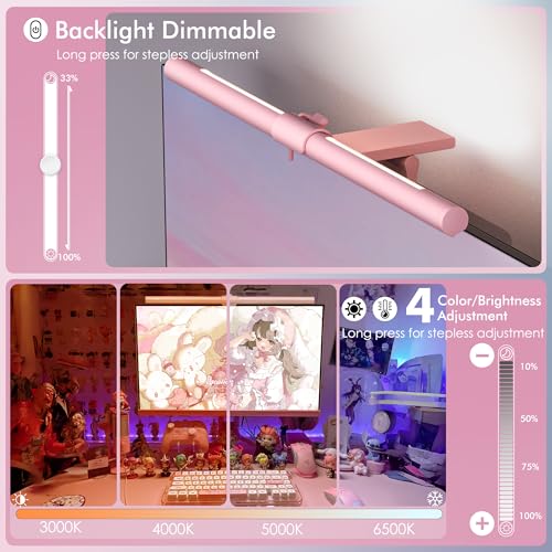 Quntis Pink Monitor Light Bar with Backlight, Desk Light Bar with Remote | Eye-Care No Glare, Space Saving, Stepless Dimming, Desk Lamp for Home Office Gaming Reading Study Drawing, as Gifts for Girls - color: Pink