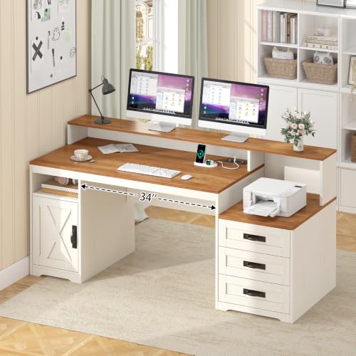 65" Farmhouse Computer Desk with Drawers and Printer Stand for Home Office - color: Brown and White