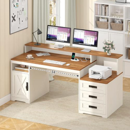 65" Farmhouse Computer Desk with Drawers and Printer Stand for Home Office - color: Brown and White