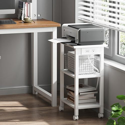 TUTOTAK Printer Stand, 3 Tier Rolling Printer Cart with Charging Station | Small Under Desk Printer Table with Wheels for Small Space, Office, Home, White PS02BW001 - color: White, size: 3 tier(15.7 x 11.8 x 23.6inchs)