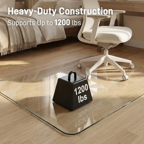 46 x 55 in Ultra-Clear Tempered Glass Chair Mat Floor Protector | 0.2 in Thick Heavy-Duty Scratch-Resistant Surface with Non-Slip Pads and Rounded Polished Edges for Hard Floors and Carpets - size: 46"x55"