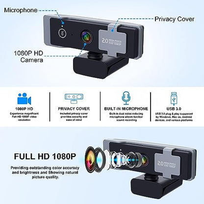 1080P Webcam for PC, Computer Camera with Privacy Cover & Tripod, Dual Noise-Cancelling Microphones, Ideal for Zoom, Skype, Video Calls & Conferences