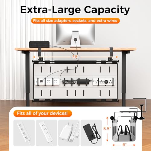 No Drill Thickened Under Desk Cable Management Tray,38.5In,Black | Upgraded Double-Layer Extra Thick Standing Desk Wire Management,Cord Organizer with Clamp/Screw Mount,for Office,Home - color: Black