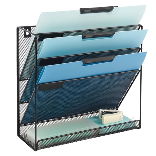Desk File Organizer Mesh 4-Tier, Hanging Wall Mount Document Organization Stand, Desktop Vertical Mail Paper Folder Holder Rack with Bottom Tray for Office Home Cubicle Countertop, Black - color: Black, size: 4 Tier