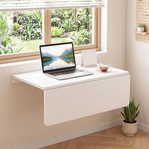 GIANTEX Wall-Mounted Folding Desk, Wooden Floating Laptop Table with Drop Leaf Design, Space-Saving Foldable Wall Desk for Study, Bedroom, Living Room, Laundry (White) - color: White