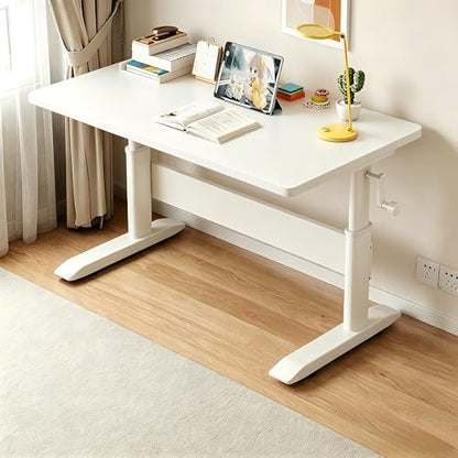 Manual Crank Standing Desk Adjustable Height 23.6-33.5 inch, Steel Frame Computer Table with Solid Wood Eco-Board Desktop and Cable Management Hole, mesa Gamer for Home Office(White,32IN) - color: White, size: 32IN