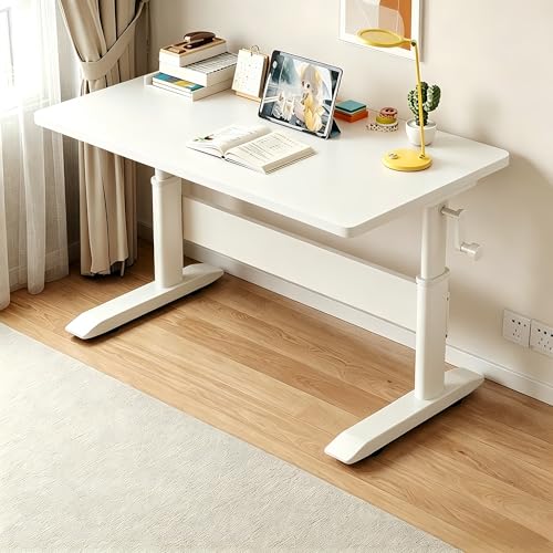 Manual Crank Standing Desk Adjustable Height 23.6-33.5 inch, Steel Frame Computer Table with Solid Wood Eco-Board Desktop and Cable Management Hole, mesa Gamer for Home Office(White,32IN) - color: White, size: 32IN
