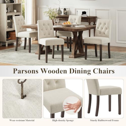 Upholstered Dining Chairs Set of 4, Modern Fabric Dining Chairs with Tufted Design, Kitchen Side Chairs, Farmhouse Dinner Chair with Wood Legs for Kitchen Restaurant Living Room, Beige - color: Beige, size: Set of 4