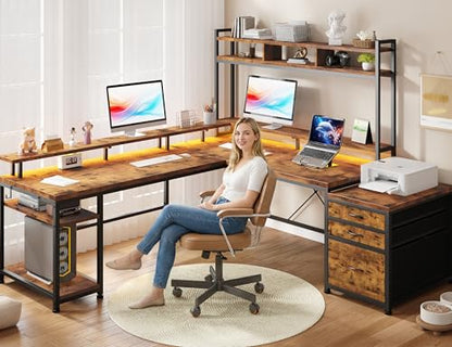 EnHomee 104" L Shaped Desk, 4 Layout Convertible RGB Lights & Monitor Stand - color: Rustic Brown