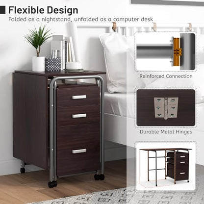 GIANTEX Folding Desk for Small Space, Rolling Home Office Desk with 3 Drawers & Lockable Universal Wheels, Mobile Study Writing Desk for Dorm Apartment Bedroom, Brown - color: Brown