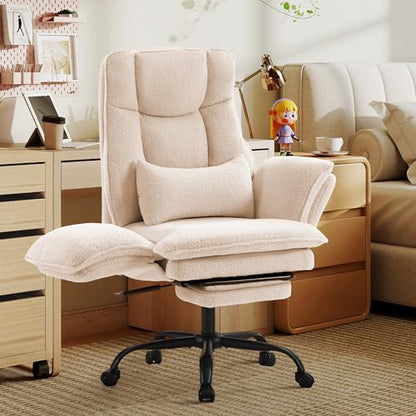 Wider Seat Office Chair with Flip Armrests for Criss Cross Legged&Cats, Big and Tall Executive Ergonomic Reclining Chair with Footrest&Lumbar Pillow, Teddy Fleece Desk Chair,Beige Vanity Chair - color: Beige