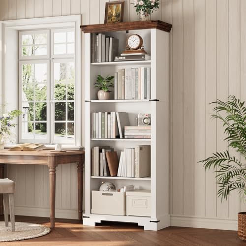5-Tier Farmhouse Bookshelf, 61.1 inch Tall Bookcase with Storage & Unique Design & One Adjustable Shelf, Wooden Bookshelf for Study Room, Living Room, Home Office, Bedroom (White) - color: White, size: 5-tier