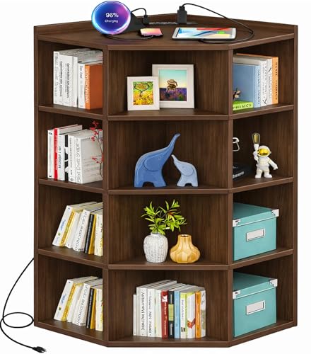 Aheaplus Corner Cabinet, 5-Tier Wooden Corner Bookshelf with Power Outlets | Walnut Corner Cube Storage Shelf with Top Table, Wooden L Cubby Toy Storage with 12 Cubes for Bedroom, Living Room, Office - color: Black Walnut, size: 5-Tier