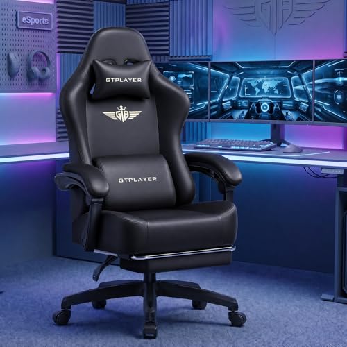 GTPLAYER Big and Tall Gaming Chair 400lbs Heavy Duty Office Chair with Footrest, High Back Pocket Spring Ergonomic Computer Chair for Adults, Wide Seated Cushion with Linkage Armrests, Leather Black - color: Dark Black