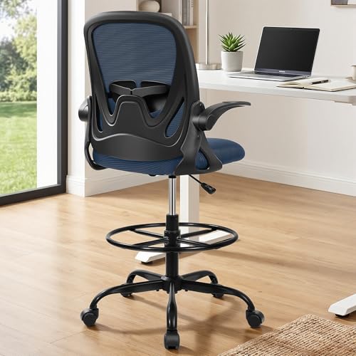 Drafting Chair Tall Office Chair with Flip-up Armrests Executive Ergonomic Computer Standing Desk Chair with Lumbar Support and Adjustable Footrest Ring (Navy) - color: Navy, size: 934-Z