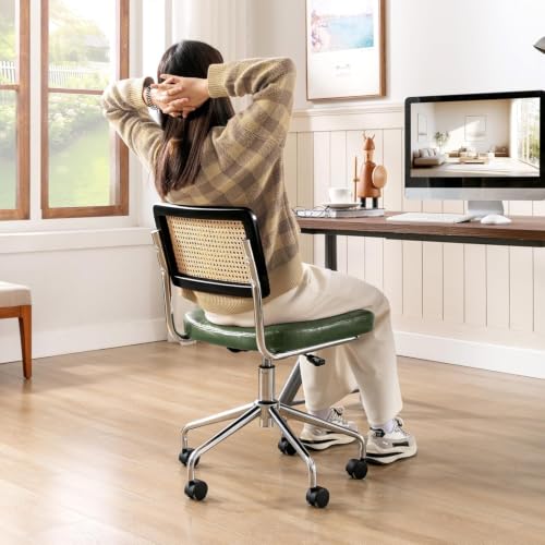 Zesthouse Leather Office Desk Chair with Wheels, Mid Century Rolling Desk Chair with Natural Rattan Back, Modern Swivel Home Office Chair, Small Height Adjustable Computer Task Chair, Green - color: Green, size: Armless