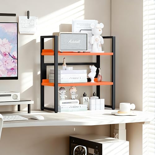Brakki Desk Shelf Organizer, 2-Tier Desktop Bookshelf, Small Office Shelf | Adjustable Shelf, Metal Desktop Rack for Dorm, with Foot Mat, Multi-Functional Organization, Black and Orange - color: Black and Orange