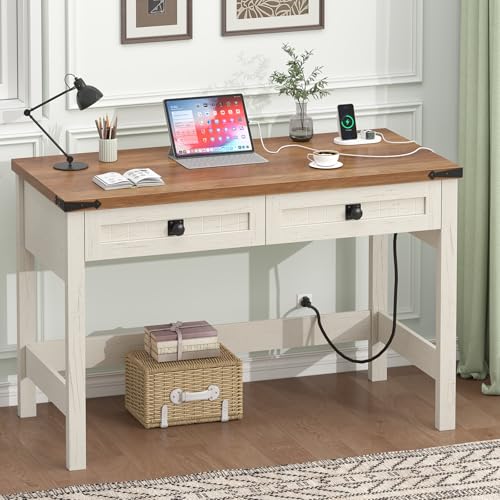 39 Inch Farmhouse Small Computer Desk with Drawers for Bedroom, Home Office - color: Antique White
