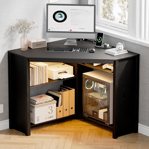 Corner Desk for Small Space with Charging Station & LED Light Black | Smart Triangle Gaming Computer Desk for Home Office, Space Saving Storage Shelves, CPU Stand - color: Black