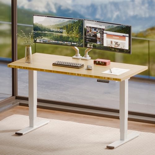 SANODESK Solid Bamboo Dual Motor Standing Desk, 220 lbs, 55×28 - color: Natural Bamboo+white Frame, size: 5528