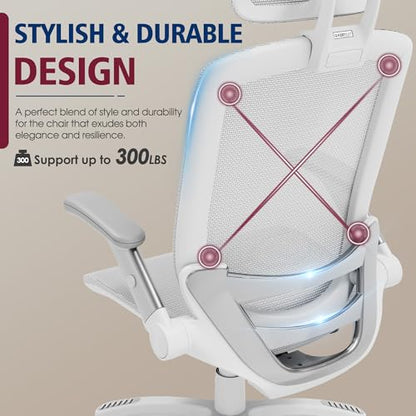 GABRYLLY Ergonomic Office Chair, High Back Home Desk Chair with Headrest, Flip-Up Arms, 90-120° Tilt Lock and Wide Cushion, 300LBS Mesh Chairs for Man Woman, White Task Chair(Grey,GY01WG) - color: White Frame Grey Mesh