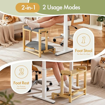 Double Step Foot Rest Under Desk, Adjustable Wooden Desk Foot Rest with 4 Heights, Ergonomic Foot Stool with Cushion for Office, Gaming & Study (Natural Color) - color: Natural Color