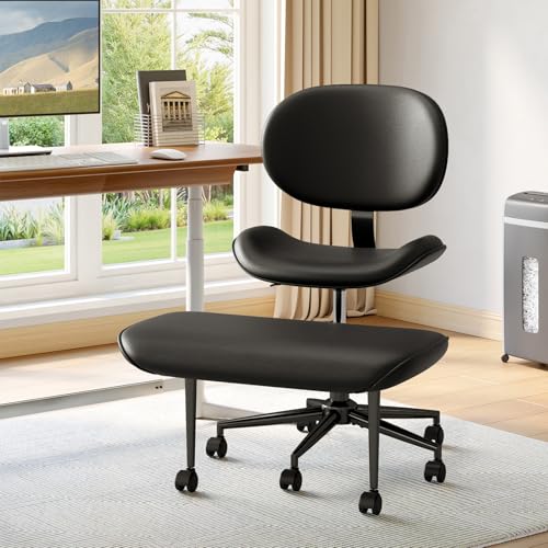 Cross Legged Office Chair with Wheels for ADHD, Ergonomic 360° Swivel Height-Adjustable Meditation Chair for Yoga, Wide Kneeling Chair with Strong Lumbar Support, PU Leather, Black - color: Black-pu