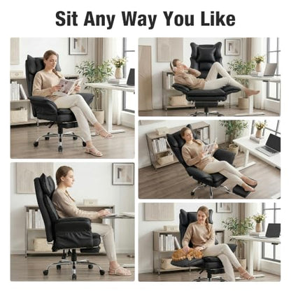 Executive Leather Criss Cross Office Chair with Foot Rest &Flip Arms | Big and Tall 155° Reclining Desk Chair with Wide Seat for Cross Legged Sitting for Home Office, PU Leather, 400LBS - color: Black