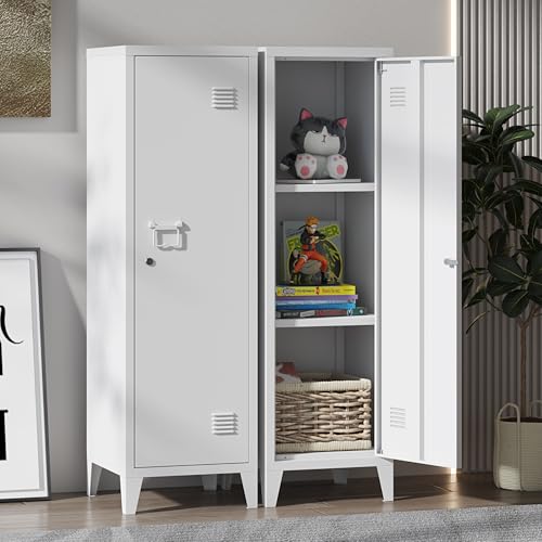 Steehoom Locker Cabinet, 59" H White Metal Locker Storage Cabinet for Employees with Locking Door and 2 Shelves Kids Locker Tool File Cabinets for Garage - color: White, size: 50"H