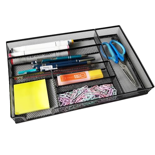 Desk Drawer Organizer Metal Mesh Drawer Organizer Tray for Office School or Home Supplies Desktop Storage Stationery，6 Compartments, 12.6 x 8.27 x 1.57 inch，Black (1pc pack)
