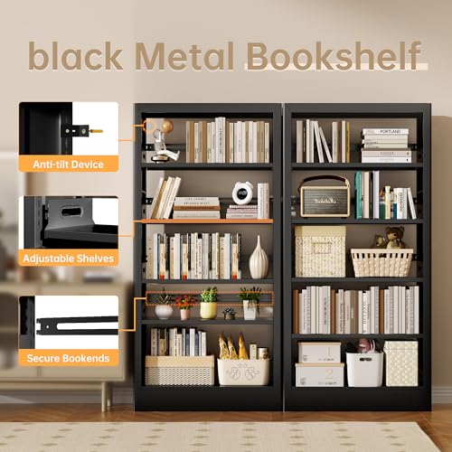5-Tier Bookcase with Adjustable Storage Shelves, Heavy Duty Bookcase, Metal Bookshelf with Book Stopper, Black Bookcase Shelf for Library, Office, Living Room - color: Black