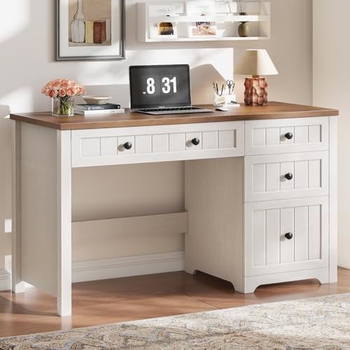 Vabches Farmhouse Executive Desk with 4 Drawers, Home Office Desk with File Drawer, Wood Computer Desk with Storage, Rustic Office Desk for Work Study Writing, Brown White - color: Brown White